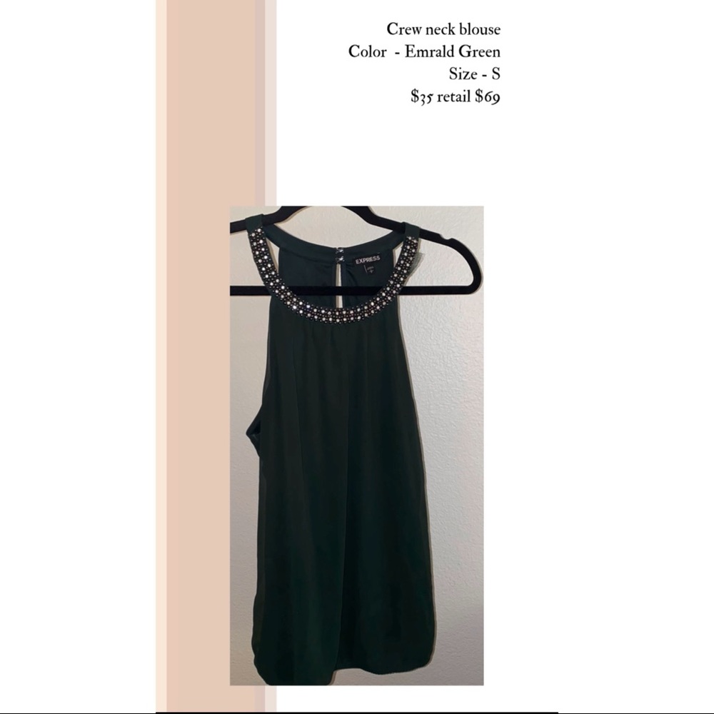 Emerald Green Rhinestone Crew Neck Blouse
